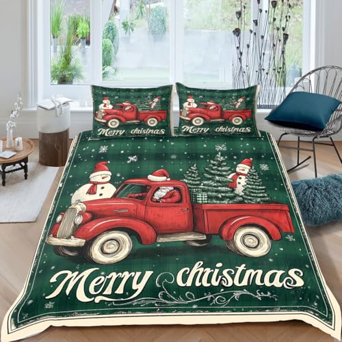 CCoutueChen Red Christmas Truck Bedding for Kids Green Xmax Tree Duvet Cover Queen Size, Cute Snowmen Santa Claus Comforter Cover for Boys Girls New Happy Bedroom Decor, Soft Skin-Friendly Microfiber