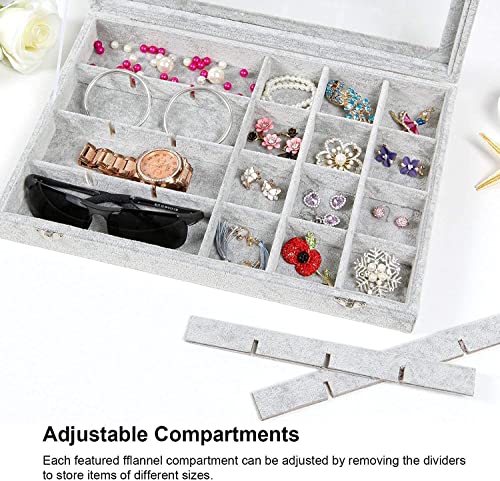Image of BucketList Women's Velvet Glass Ring Earrings Jewelry Box - Display Storage Showcase Holder Organizer (Big 24 Grid Jewellery Box Grey)
