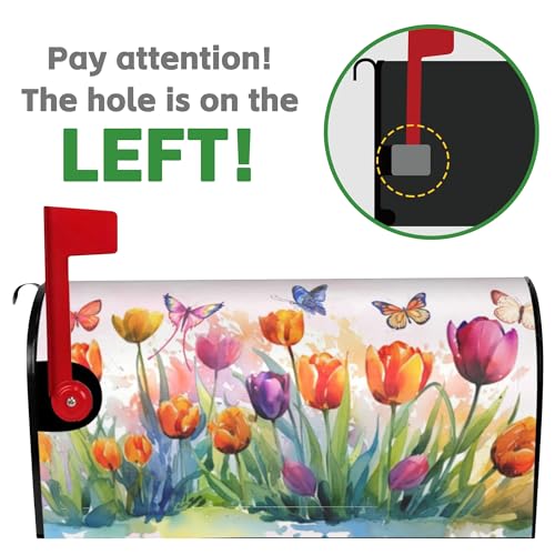 Image of Watercolor Tulips with Butterfly Mailbox Covers Magnetic Standard Size, Spring Summer Magnetic Mailbox Covers 18 inchx21 inch for Outside Yard Decor