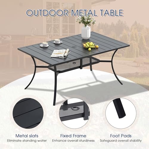 Image of VICLLAX Metal Patio Table for 6, Outdoor Dining Table with Umbrella Hole for Garden Lawn Deck Backyard, Black