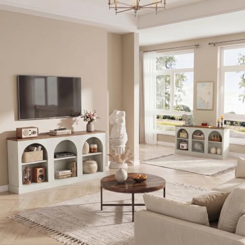Image of Tribesigns Farmhouse Console Table Set of 2, Extra Long Entryway Table with 3 Tier Storage, Wooden Rectangular Sofa Table Behind The Couch for Entrance, Hallway, Living Room, Off-White and Brown