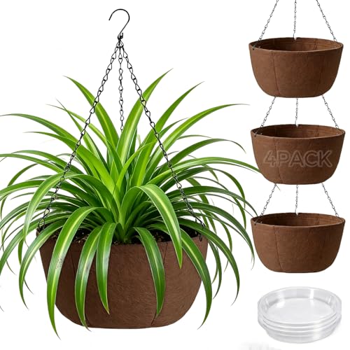 T4U Hanging Baskets Outdoor 4 Pack 30.5cm Breathable Fabric Hanging Plant Pot with Tray to Catch Excess Water Hanging Planter with Rustproof Chains for Growing Flowers & Plants Patio Porch Garden