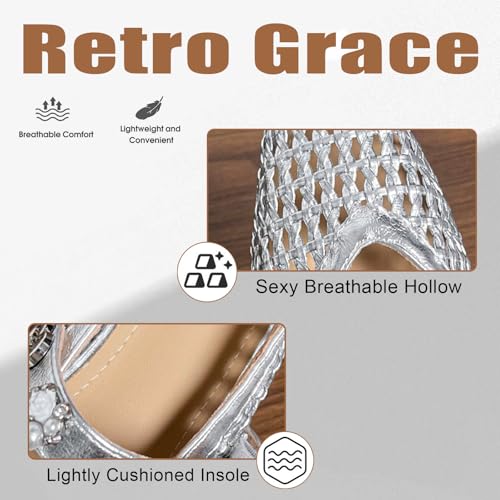 Women's Pu Breathable Woven Internal Height Increase Mary Jane Flats with Buckle Strap Sexy Hollow Pointed Toe Comfortable Non-slip Slip On Fishnet Ballerina Flats for Beach Dress Party4