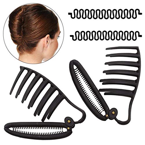 WJood 2 PCS Styling Volume Insets Hair Clip Boost Comb French Twist Maker Fast Volume Twist Hair Boost Comb Hair Up Maker Tool and 2PCS Hair Braiding Tool Magic DIY Hair Twist Styling (Black)