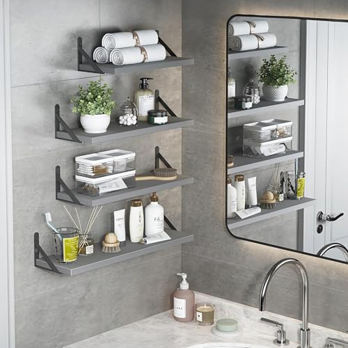 Image of YGEOMER Floating Shelves for Wall, Different Sizes Gray Wall Shelves for Living Room, Bathroom, Bedroom, Kitchen, Home Decor (Set of 4)