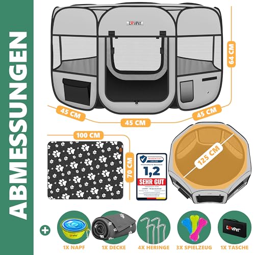 LOVPET® Welpenlaufstall Tierlaufstall Faltbar für Kleintiere Hunde, Katzen Inkl. Hundenapf und Fleece Decke Hundelaufstall Freigehege Oxfordgewebe Pop-up System Indoor & Outdoor, Hellgrau/Schwarz