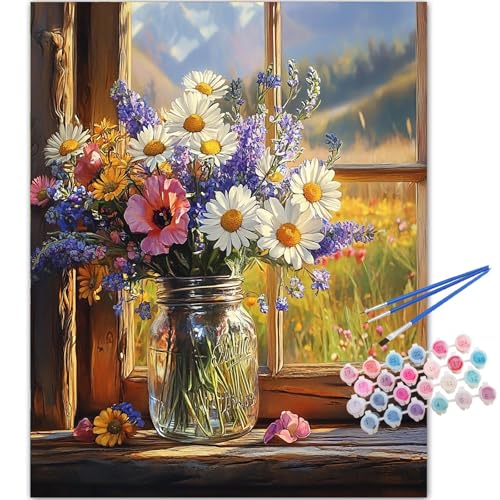 TOCARE Flowers Paint by Numbers Kit for Adults,Flower Bouquet on a Sunlit Windowsill Paint by Number Canvas Kit,Acrylic Adults' Paint-by-Number Kits Floral 16x20inch (Without Framed)
