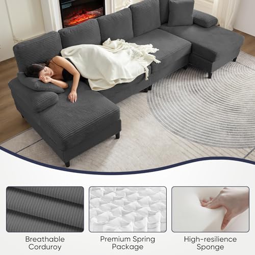 ijuicy U Shaped Sofa Couch with Double Chaises, 112\" Sectional Sofa with Sleepable Armrest, 4 Seat Couch with Chaises, Sectional Couches for Living Room, Apartment (Corduroy, Dark Grey) - Thumbnail 3
