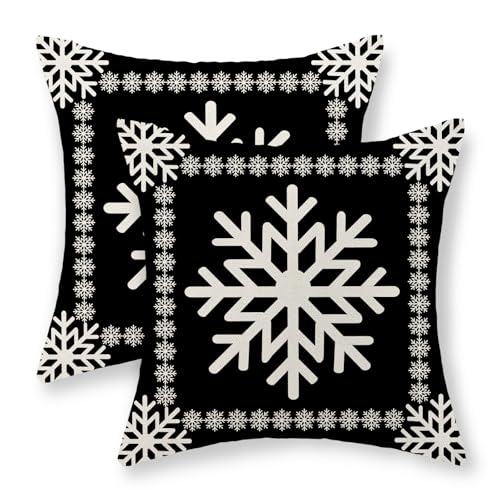 Christmas Pillow Covers 18x18 Set of 2 Winter Snowflake Pillowcase Christmas Decor Black Throw Pillows Christmas Farmhouse Holiday Linen Decorations Outdoor Cushion Covers for Sofa Couch Home