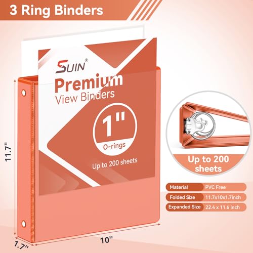 Image of SUIN 1 Inch 3 Ring Binder, Clear 1'' View Presentation Binders with 2 Pockets, Fits 8.5 x 11 Letter Size, Durable Polypropylene, Non-Stick & PVC-Free for School, Office & Home (Orange)