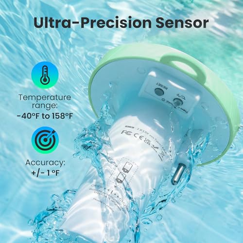 Image of Pool Thermometer Floating, Digital Swimming Pool Thermometer, IPX8 Waterproof with Double Sided Display for Pond, Hot Tub, Aquarium (Green, Battery Powered)