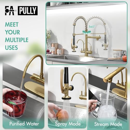 Image of Fapully Brushed Gold Commercial Kitchen Faucet with Pull Down Sprayer | Water Filter Spout,3 in 1 Kitchen Faucets with Drinking Water Faucet for 1 or 3 Holes Sink