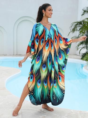 Image of IMAGEKOPE Women's Plus Size Animal Print V-Neck Batwing Kaftan Beach Dress Bathing Suit Cover-Up Loungewear