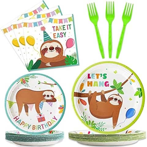 Wiooffen 96 Stück Faultier Tier Party Zubehör Faultier Geburtstag Party Geschirr Set Faultier Hängende Dekorationen Kinder Faultier Thema Babyparty Geburtstag Party Pappteller Serviette Gabel 24 Gäste Cover