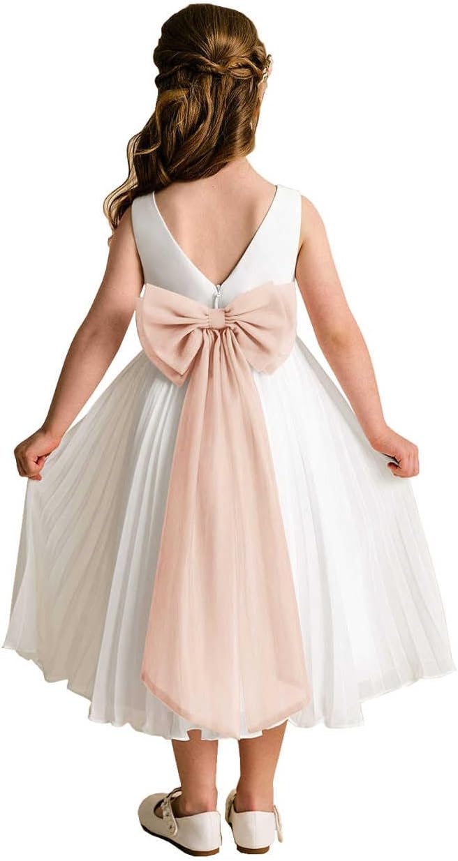 A-Line Sleeveless Chiffon Princess Pleated Flower Girl Dress Tea-Length V-Back Junior Bridesmaid Dresses with Bows