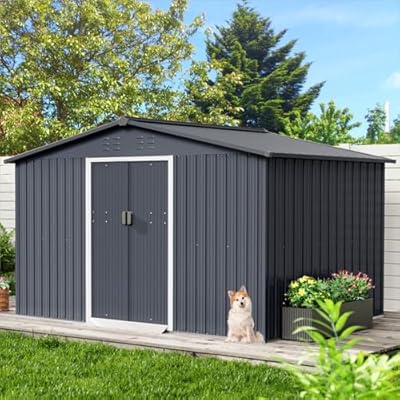 Acekool 10x12 FT Outdoor Metal Storage Shed, Large Garden Tool Shed with Lockable Door and Vents, Waterproof Galvanized Metal Sheds for Tools & Equipment, Garbage Can, Bike, Mower, Gray