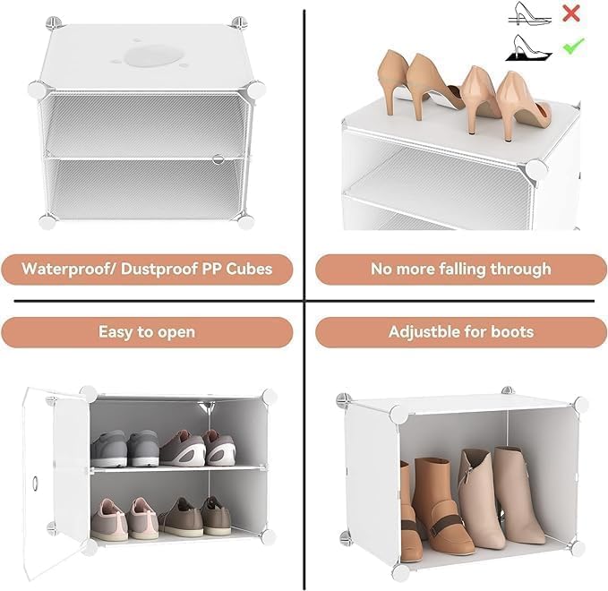 Image of Strassis Design Plastic Shoe Rack for Home | 12 Shelf DIY Shoe Rack with Door Magnets for Home Storage Plastic Box Organizer, Metal Door Frame, Chappal Slipper Sandals Stand (White,4 Door)