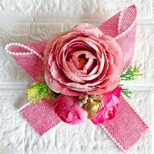 Image of ADIKALA Handmade Artificial Big Peonies 3 Flower Bunch for Trousseau Packing, Ready to use Flower Brooch Hamper for Decoration, Gift Wrapping Flowers (3, Rani Jute)