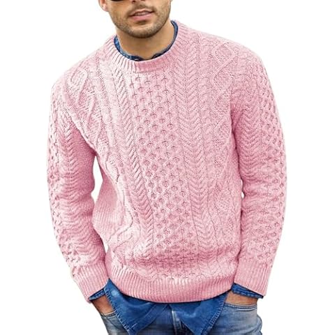 AITEQY Pullover Sweaters for Men Long Sleeve Chunky Fisherman Cable Knit Crewneck Sweater Slim Fit Textured Jumper Knitwear Pink Cover