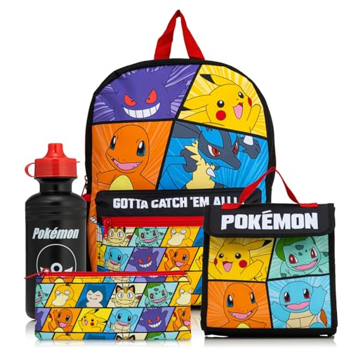 Pokemon Backpack 4 Piece School Set |Includes Lunch Box Water Bottle and Pencil Case | Adjustable Padded Shoulder Strap |Mesh Side Pocket | Back to School Bag Set