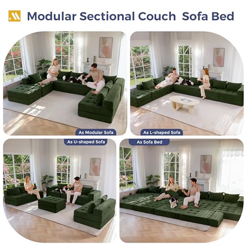 Image of MAXYOYO Modular Sectional Sofa Couch, Foldable Oversized U Shaped Cloud Couch with Pillows, Tufted Boneless Lounger Floor Sofa Bed for Living Room, No Assembly Required, Dark Green
