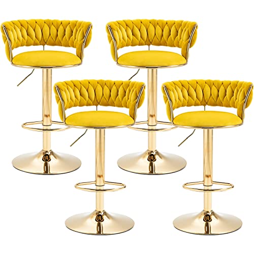 Swivel Velvet Bar Stools, Adjustable Counter Height Barstools Bar Chairs Modern Counter Stools With Back Upholstered Kitchen Island Chairs Gold Sillas Para Barra De Cocina (Mustard Yellow, Set Of 4) #TOP4