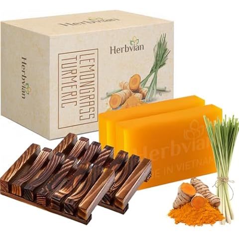 Herbvian 2 Pcs Natural Turmeric Soap Bar with 2 Pcs Wooden Holder, Vietnamese Lemongrass Soap for Mosquito Repellent, Soap for Face & Body Cover