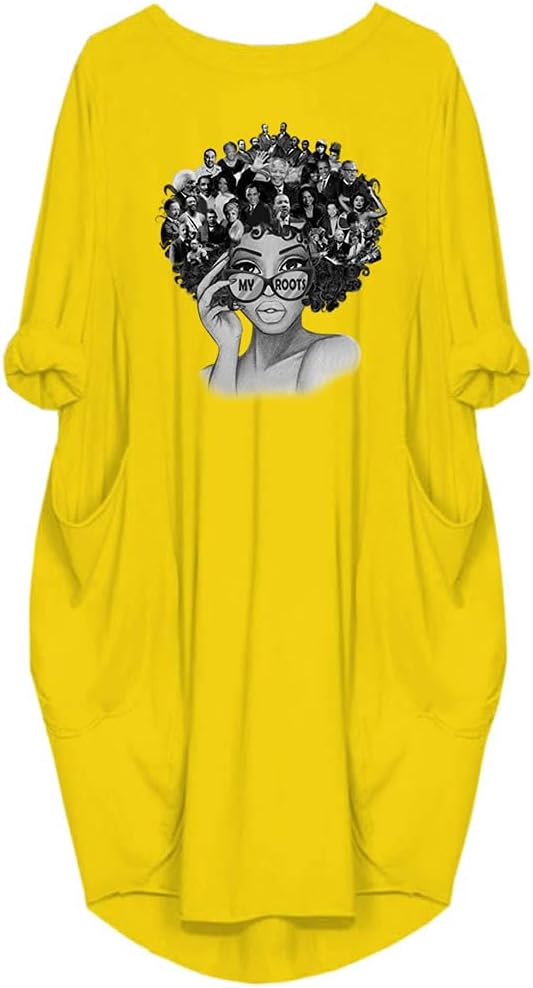 WbJetr My Roots Character Graphic Print Long Sleeve Casual Tunic Dress with Pocket for Women