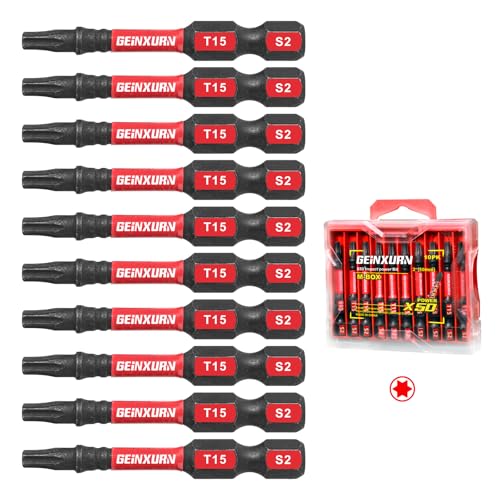 Geinxurn 10Pieces 2 In. T15 Impact Tough Magnetic Screwdriver Bit Set #15 Torx Head Power Bits S2 Alloy Steel Star Bits with Storage M-Box