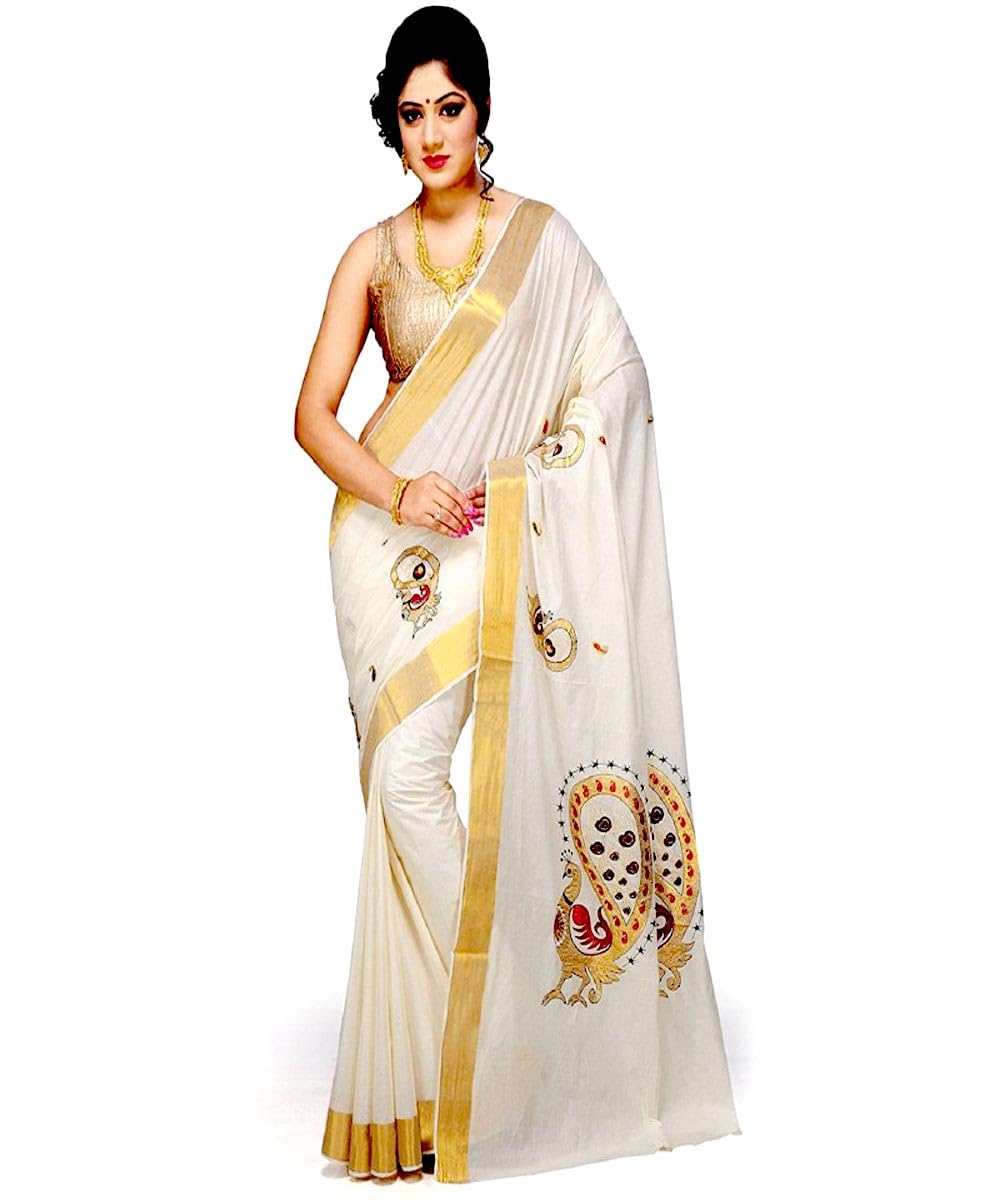 StylesindiaCotton Kerala Kasavu Zari Embroidery Saree With Blouse, Kuthampully Kerala Kasavu Saree Onam Deevali Pongal (Designer #02)