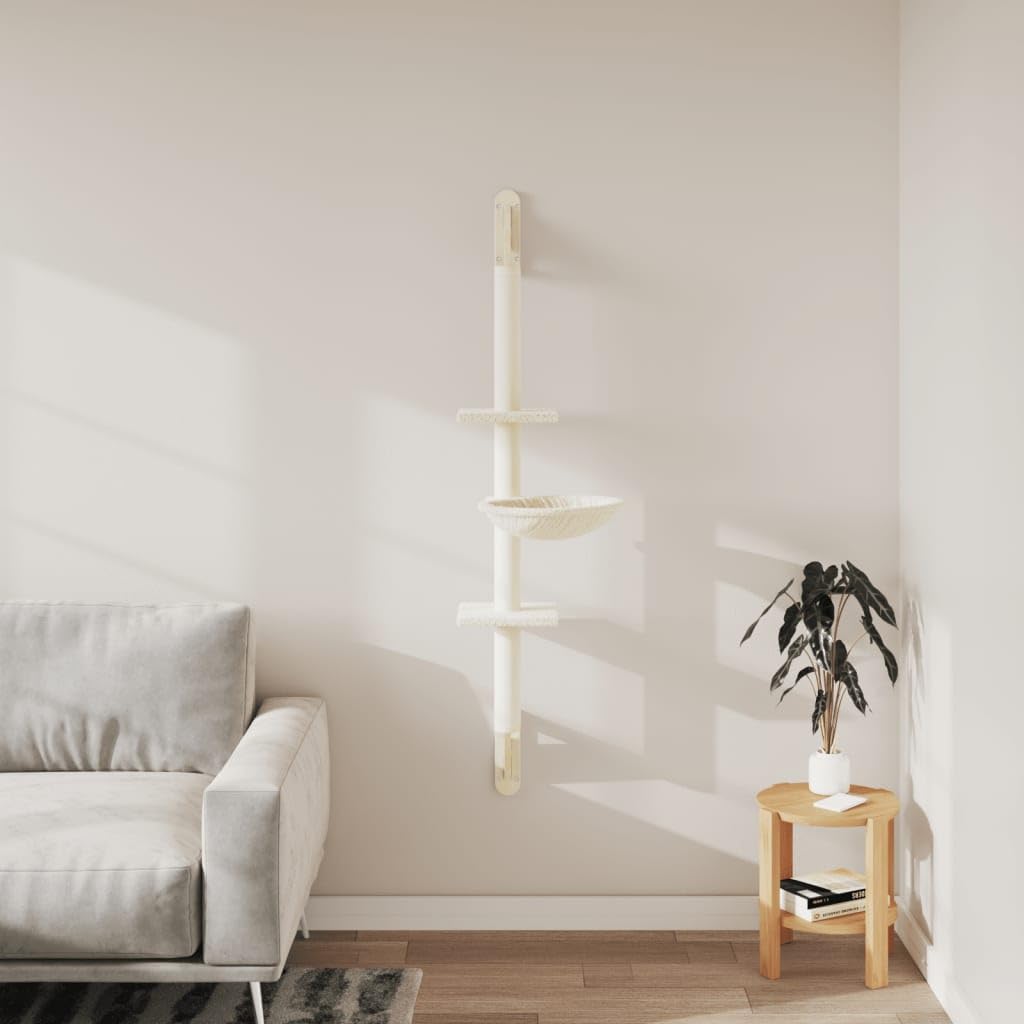 Arbre à chat mural Crème 142,5 cm Arbre à grimper avec colonne griffoir en sisal et maison pour chat en peluche pour jouer, dormir, entretenir les griffes et cacher dans un lieu de repos