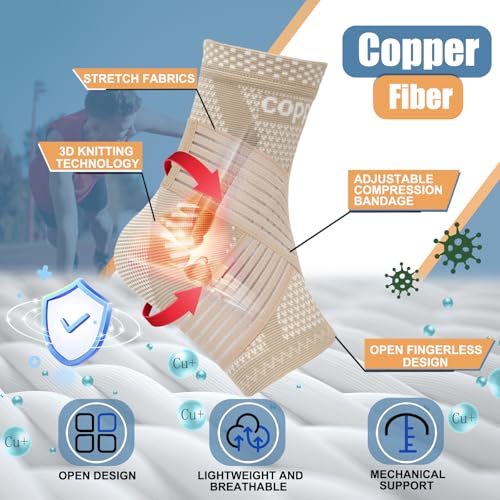 Image of LISEPWU Copper Ankle Brace with Adjustable Compression Bandage, Ankle Support Compression Sleeve for Men & Women, for Foot Pain, Sprained Recovery, Achilles Tendonitis, Sports Protection(Skin Tone L)