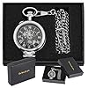 Tiong Silver Transparent Cover Men's Mechanical Pocket Watch Steampunk Skeleton Pocket Watches with Chain Box for Men #1