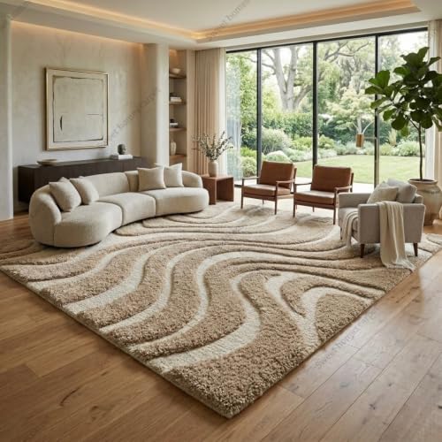 Image of SWEET HOMES Luxury Abstract Shag Rug, Thick Soft Area Carpet for Living Room, Bedroom, 4 x 6 Feet (122 x 183 cm), Ivory /Beige Hi