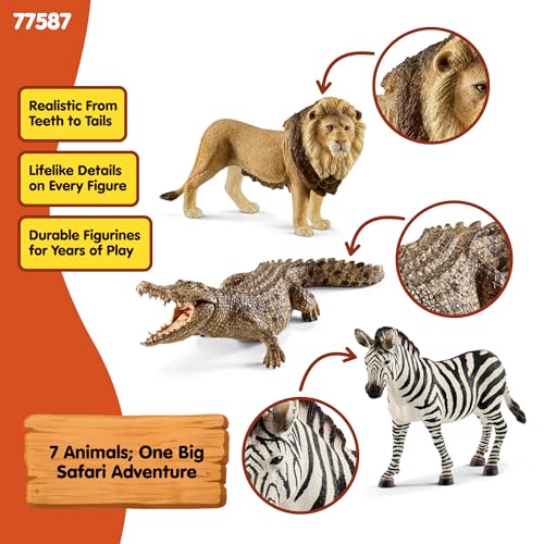 Image of Schleich Wild Life - 7PC Savannah Animal Toy Bundle | 77763 | African Wildlife Playset, Zebra Giraffe Monkey Alligator Cheetah Hippo Lion Figurines