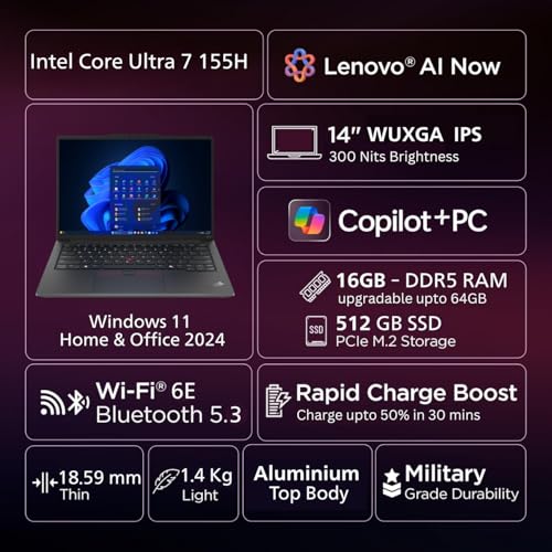 Image of Lenovo ThinkPad E14 AI PC Intel Core Ultra 7 155H | Copilot Key | 16GB RAM | 512GB SSD | 14 inch WUXGA IPS 300 Nits | Win 11 + Office 2024 | Backlit | Fingerprint | 1.42 kg | 1Y Onsite | Black -21M7S0SF00