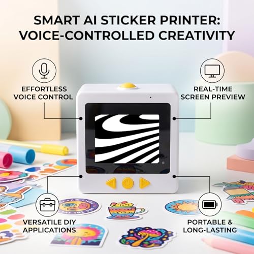 Image of Smart AI Sticker Printer, Voice Controlled Portable Thermal Inkless Sticker Maker Machine with 2.4 Inch Screen for DIY Arts Crafts (White)