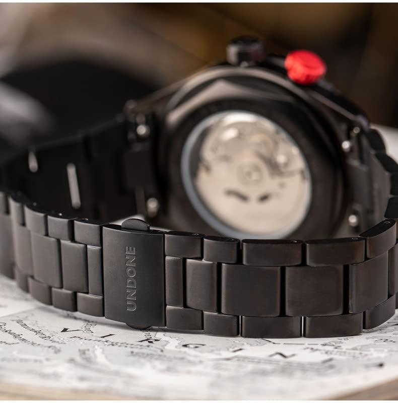 Undone AERO WORLDTIMER LINDBERGH Automatisch Stahl Schwarz Datum Vintage Pilot Uhr Herren, Schwarz , Armband
