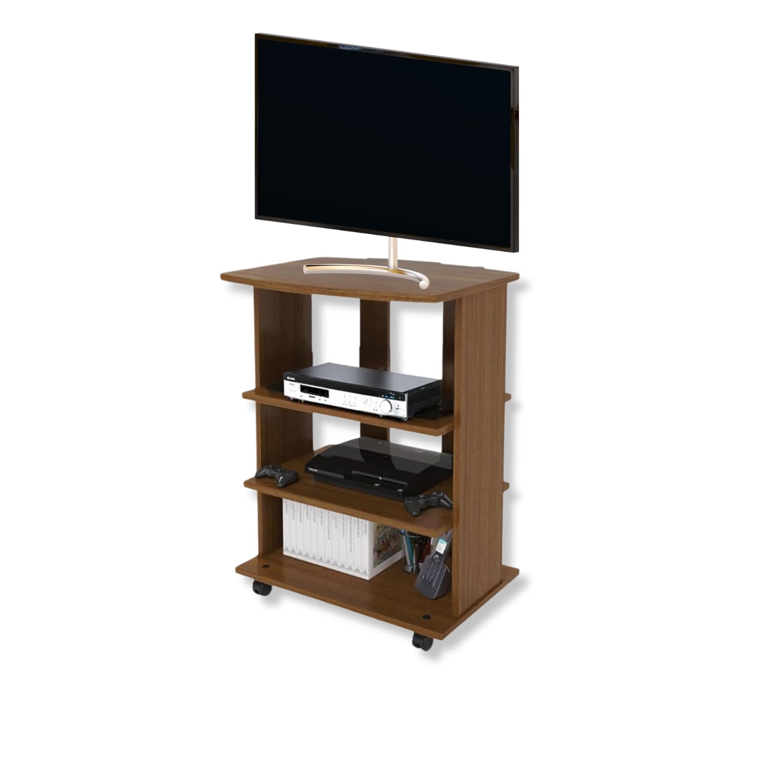 scaffale tv mdf antico noce tre ripiani rotolante