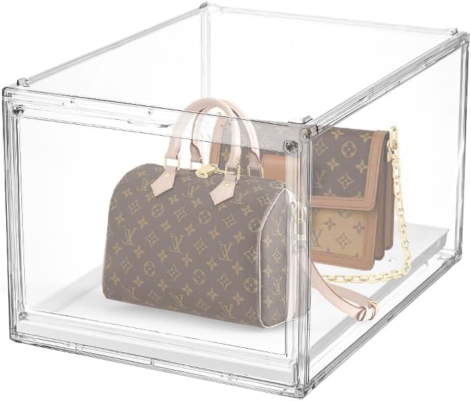 Stackable Clear Handbag Display Case for Closet with Drawers, Acrylic Box Display Case Showcase with Magnetic Door, Plastic Storage Bins Storage Drawers Containers for Organizing