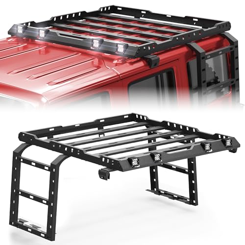 LONGSUN Roof Rack Compatible with 2007-2018 Jeep Wrangler JK Unlimited 4 Doors w/Ladder & 4 LED Lights Hard Top Basket with 2 Ladders