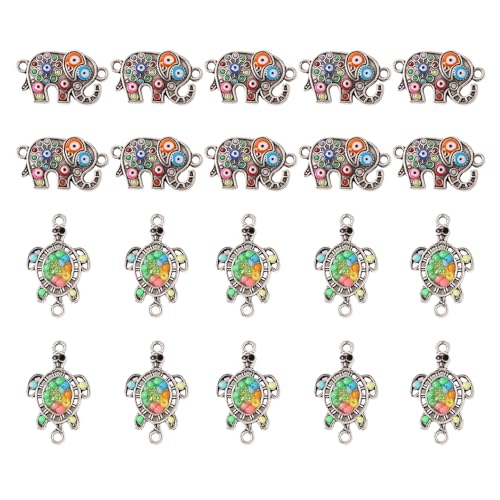Ximimark 20pcs Antique Silver Plated Colorful Crystal Turtle+Elephant Charm Links