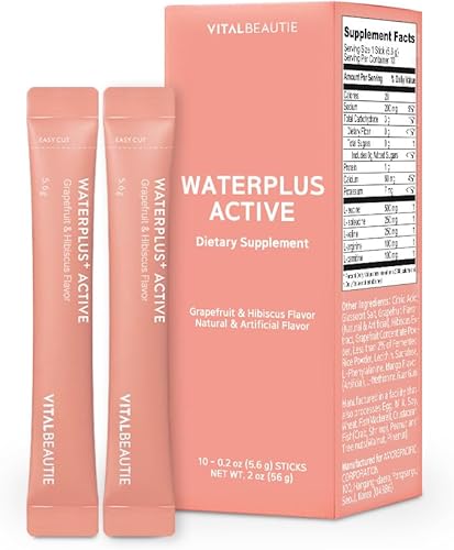 VITALBEAUTIE Waterplus+ - Mezcla activa de electrolitos veganos con aminoácidos (BCAA, L-arginina y L-carnitina) Sabor a hibisco y pomelo sin azúcar
