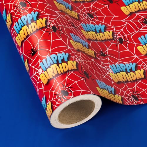 WRAPAHOLIC Reversible Spider Birthday Wrapping Paper Roll - Mini Roll - 17 Inch x 16.5 Feet - Happy Birthday Spider Wrapping Paper with Solid Blue Design for Boy Kids Man
