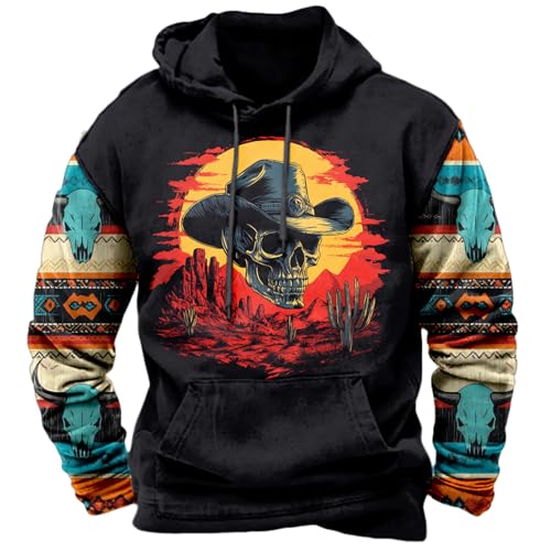 Image of domirica Hoodies For Men Western Cowboy Pullover Big And Tall Comfort Fashion Cool Novelty Graphic Hooded Sweatshirt