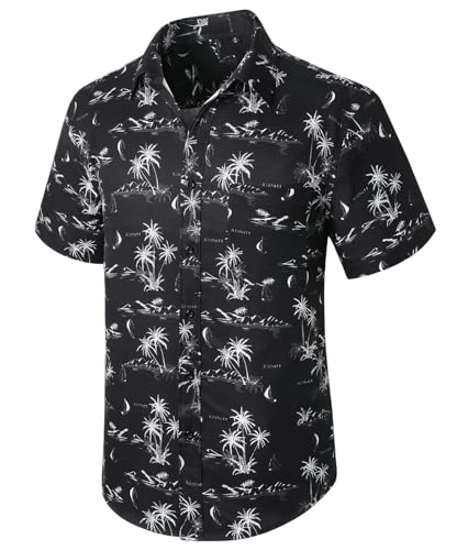 Enlision Uomo Funky Hawaiian Palm Trees Camicie Manica Corta Tasca Frontale Spiaggia Estate Hawaiian Print Nero Hawaii Shirt for Vacation 2XL