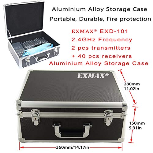 Sistema inalámbrico de micrófono EXMAX EXD-101 de 2,4 GHz para visitas a fábricas, capacitación de empleados, formación educativa, entretenimiento o artes escénicas: 2 transmisores, 40 receptores y estuche de almacenamiento negro miniatura 2