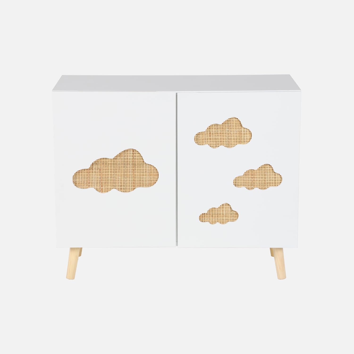 sweeek - Commode Enfant. Blanc. 2 Portes avec Nuages en cannage. 2 étagères
