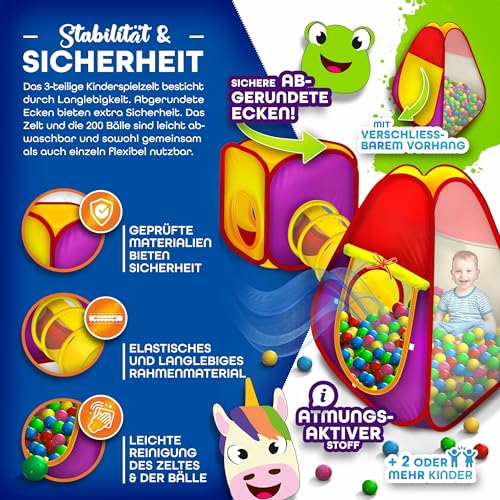 KIDUKU® 3-teiliges Bällebad Spielzelt Babyzelt + Krabbeltunnel + 200 Bälle + Tasche für drinnen und draußen
