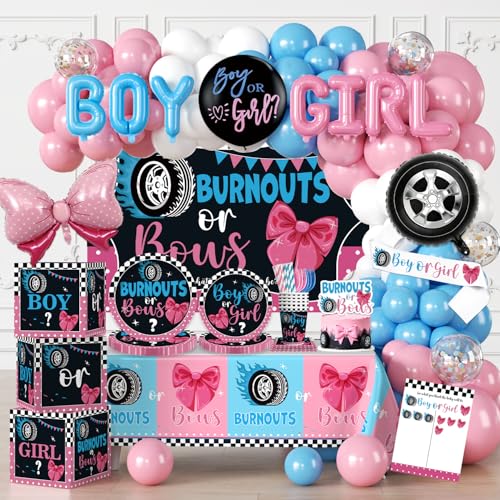 Cocomigo 287pcs Burnouts or Bows Gender Reveal Decorations One-stop Baby Gender Reveal Decorations Include Burnouts or Bows Plates Backdrop Tablecloths Balloon and Stickers